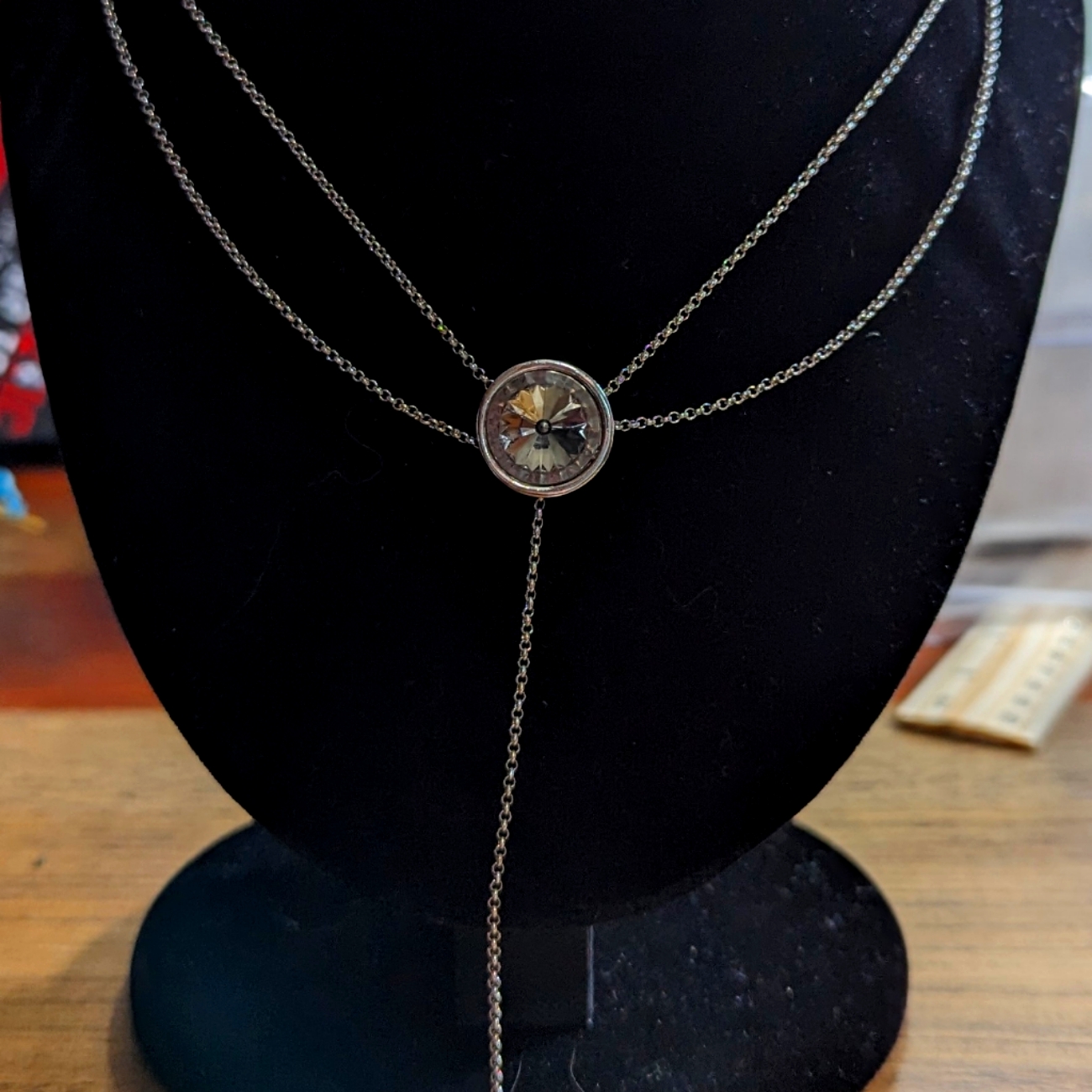 Nine West Silvertone Necklace With Smoky Crystal And Drop With Black Crystal